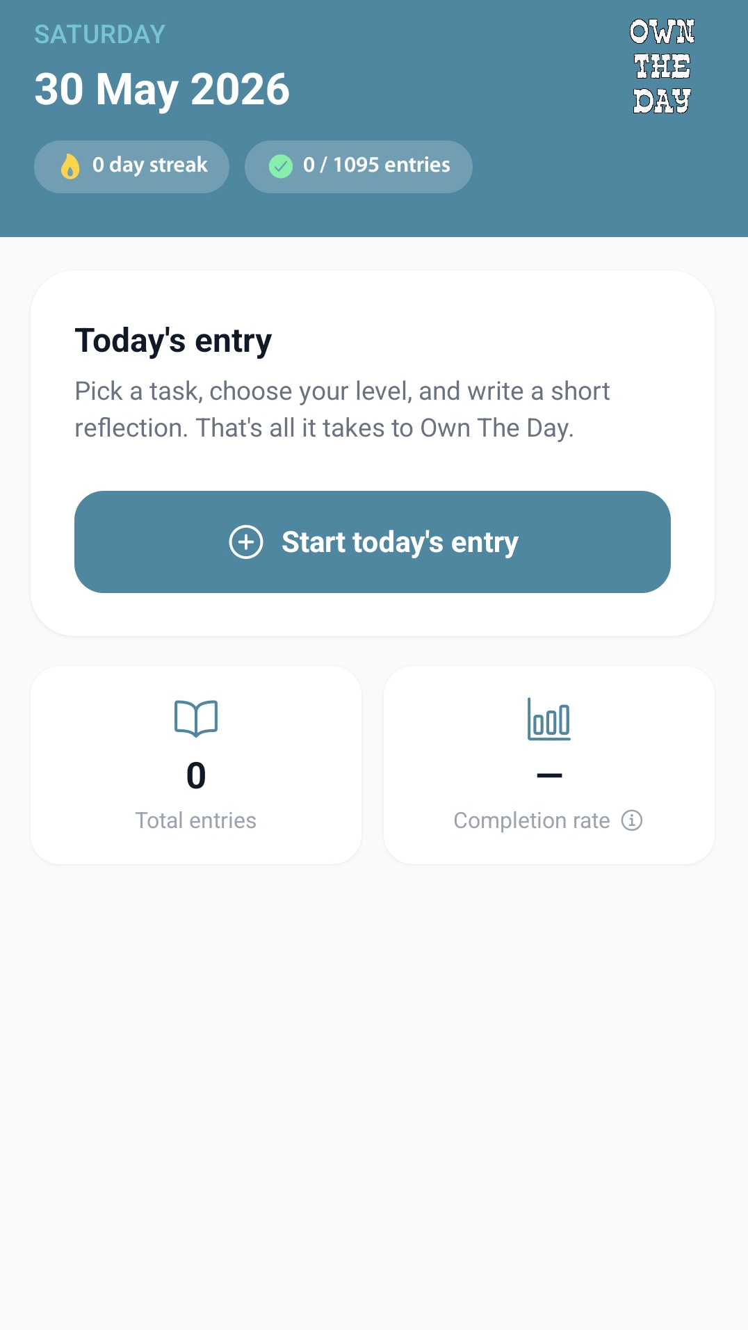 Own The Day app home screen showing today's entry and streak